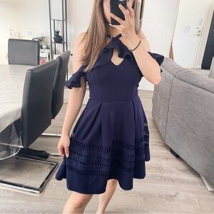 Francesca’s Navy Blue High Neck Off Shoulder Dress